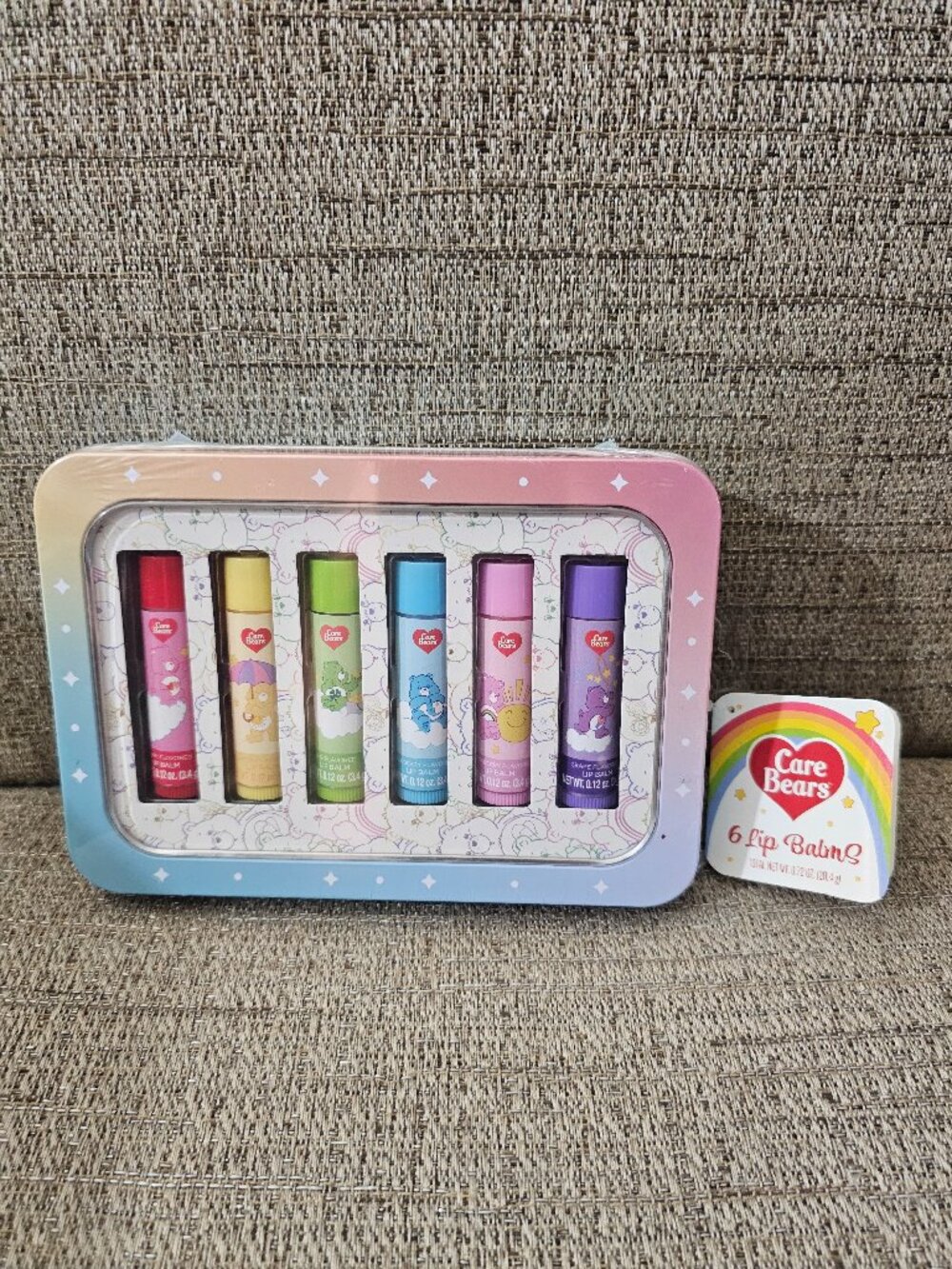 Care Bears 6 Flavored Lip Balm Set Collectible Tin NEW